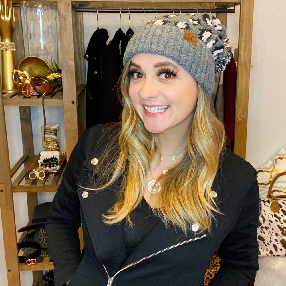 CC pink leopard beanie